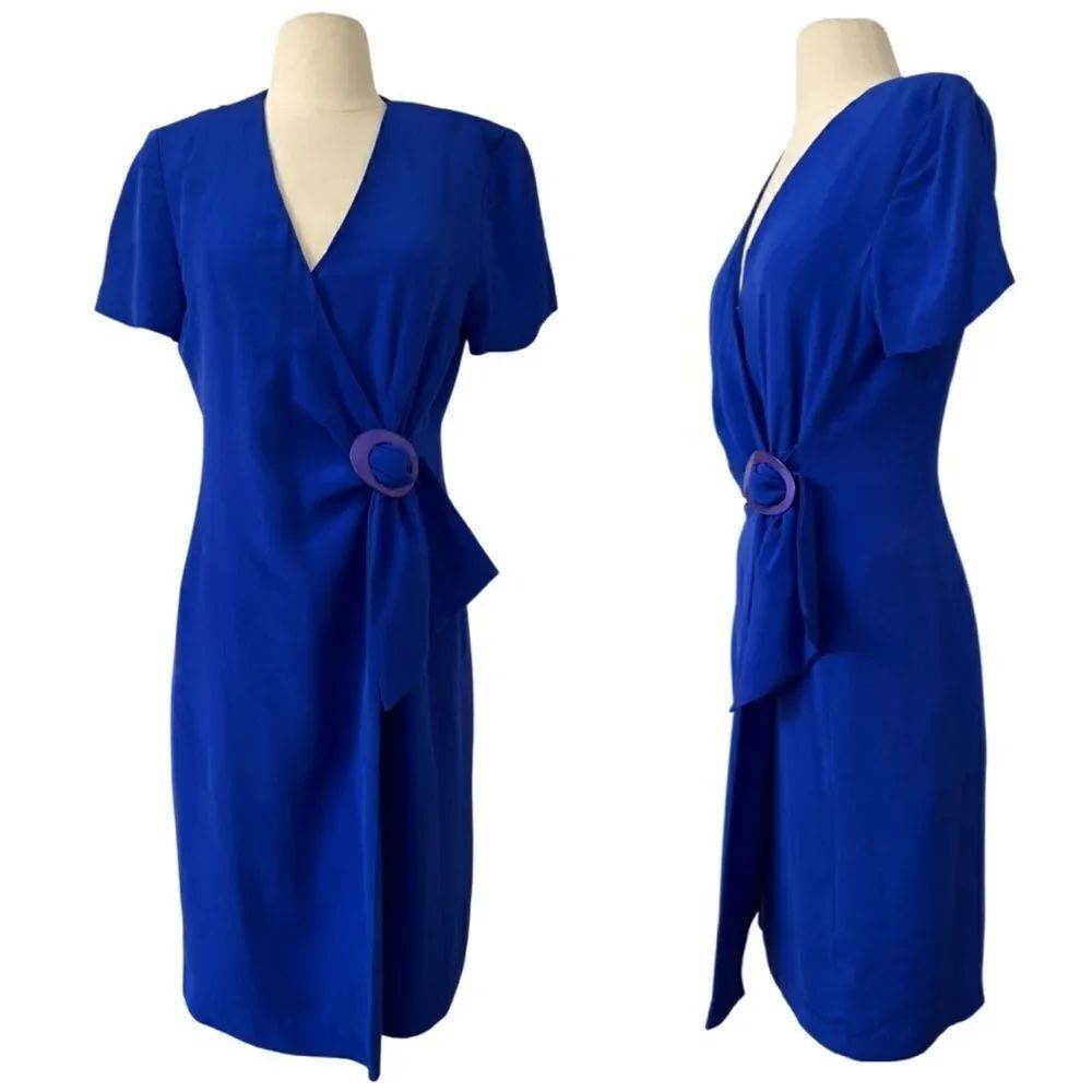 Killer Vintage 100% Silk 80s / 90s Cobalt V-neck Surplice Wrap Side Buckle Dress